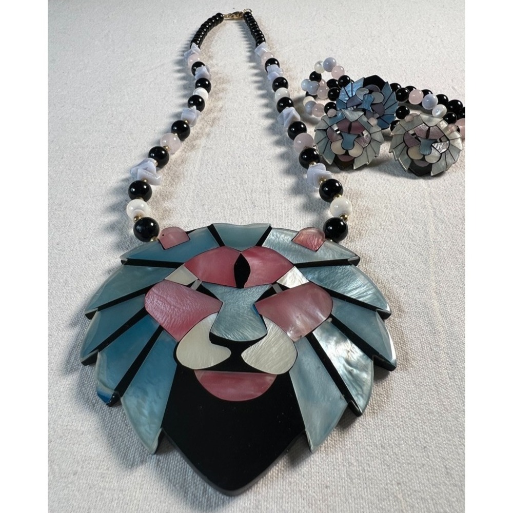 VTG Lee Sands Mosaic Lion MOP Inlaid Beaded Necklace Bracelet Earrings Set- BOHO